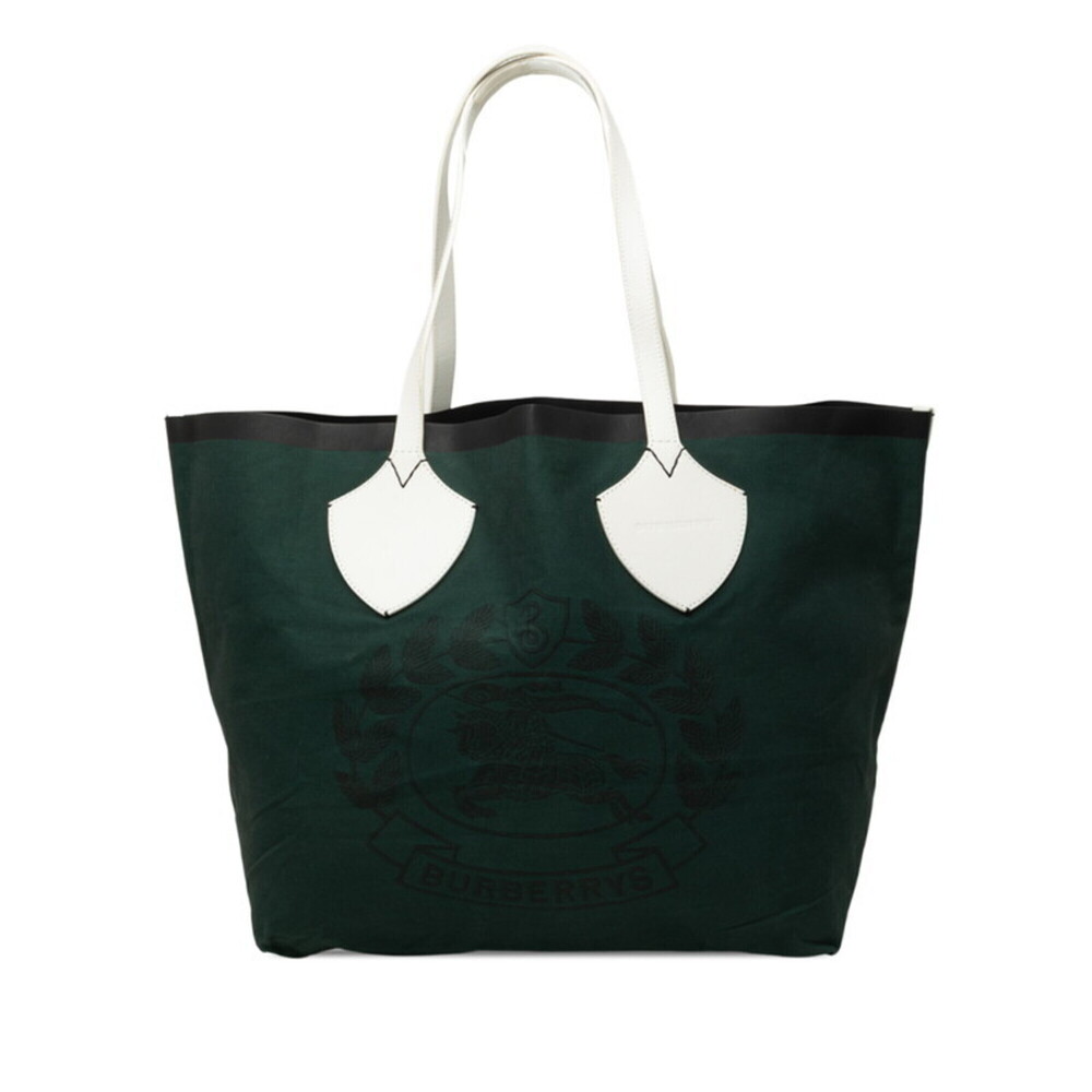 Burberry Archive Crest Tote Bag, Green and White Canvas Leather, Women's.